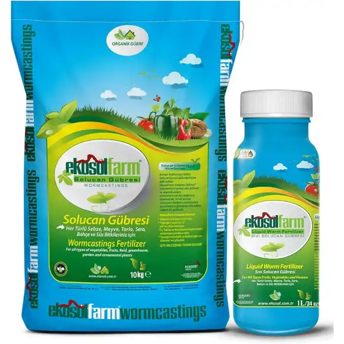 EkosolFarm Organik%100 Solucan Gübresi Toz 10 KG + 1 Litre Sıvı Organik Gübre