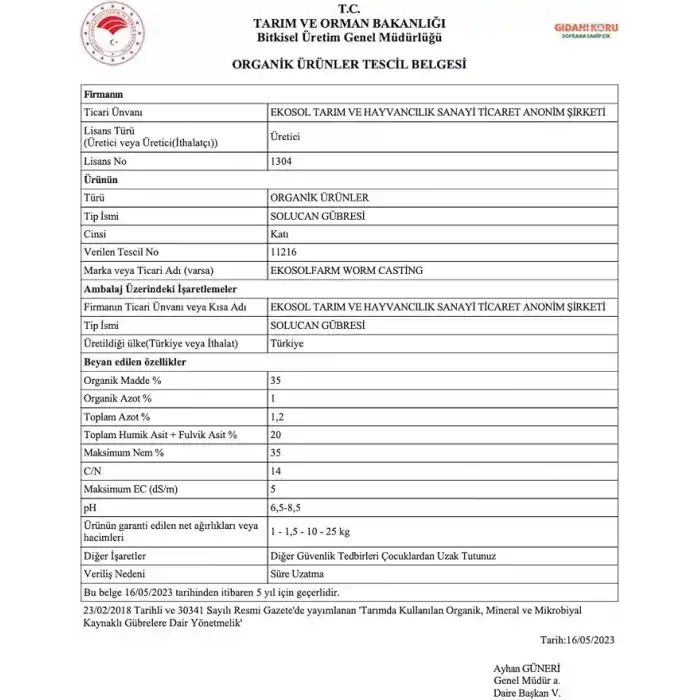 EkosolFarm Organik%100 Solucan Gübresi Toz 10 KG + 1 Litre Sıvı Organik Gübre