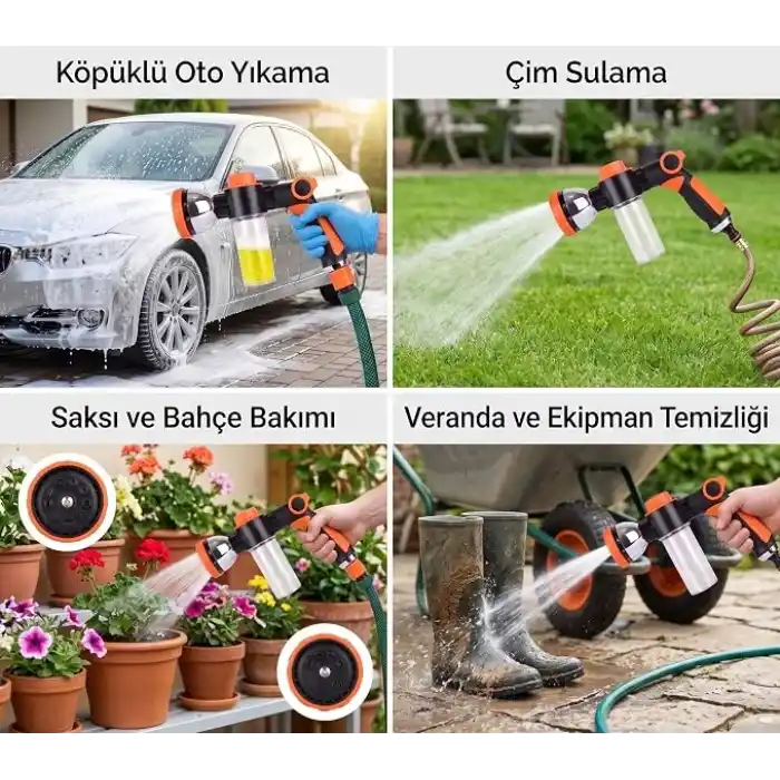 Köpük Hazneli 10 Fonksiyonlu Bahçe Sulama Ve Oto Yıkama Tabancası - Deterjan Hazneli Ayarlanabilir Basınçlı Hortum Başlığı
