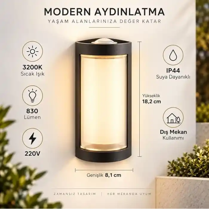 Lara 9W LED Dış Mekan Duvar Apliği – 3200K Gün Işığı, 830 Lümen, IP44, 220V, Bahçe Balkon ve Cephe Aydınlatma