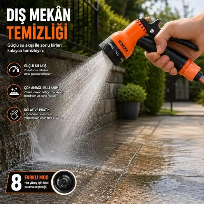 KINETEX 8 Modlu Bahçe Sulama Tabancası Seti, Ayarlanabilir Çok Fonksiyonlu Hortum Başlığı, Ergonomik Tetikli Su Püskürtme Tabancası, Bahçe, Araç Yıkama ve Dış Mekan Temizliği İçin