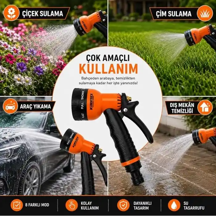KINETEX 8 Modlu Bahçe Sulama Tabancası Seti, Ayarlanabilir Çok Fonksiyonlu Hortum Başlığı, Ergonomik Tetikli Su Püskürtme Tabancası, Bahçe, Araç Yıkama ve Dış Mekan Temizliği İçin