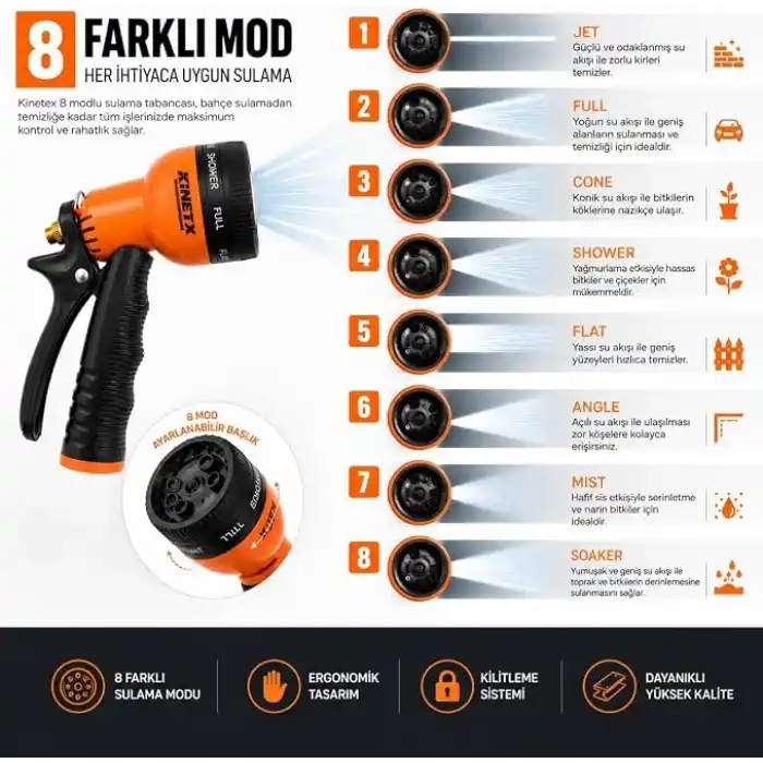 KINETEX 8 Modlu Bahçe Sulama Tabancası Seti, Ayarlanabilir Çok Fonksiyonlu Hortum Başlığı, Ergonomik Tetikli Su Püskürtme Tabancası, Bahçe, Araç Yıkama ve Dış Mekan Temizliği İçin