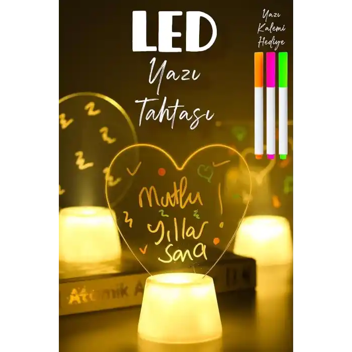 TELVESSE 3lü LED Mum Yaz-Sil Işıklı 3 Kalemli Neon Yazı Tahtası Yazılıp Silinebilir Not Tahtası Akrilik