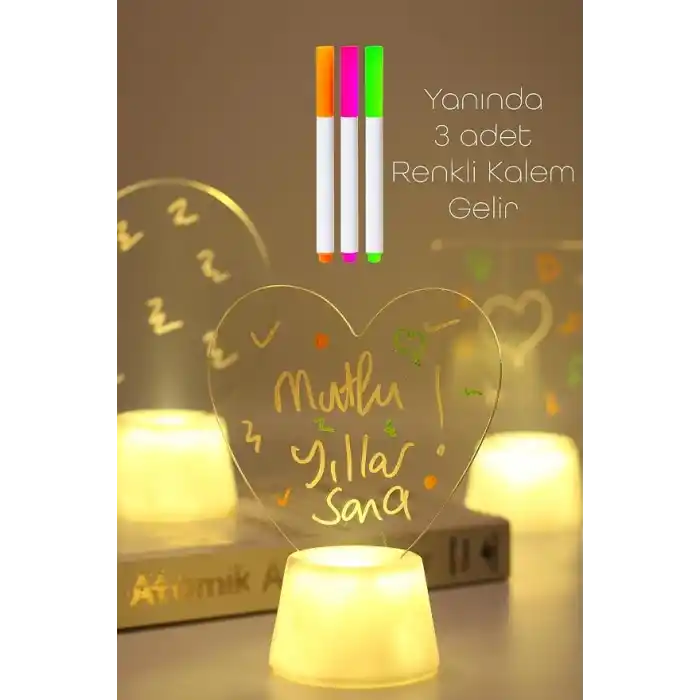 TELVESSE 3lü LED Mum Yaz-Sil Işıklı 3 Kalemli Neon Yazı Tahtası Yazılıp Silinebilir Not Tahtası Akrilik