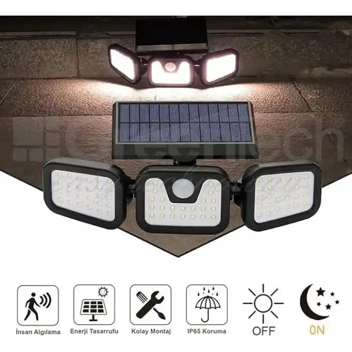 GreenTech Solar Duvar Lambası Hareket Sensörlü 74 SMD LED, Siyah, GT-SL07
