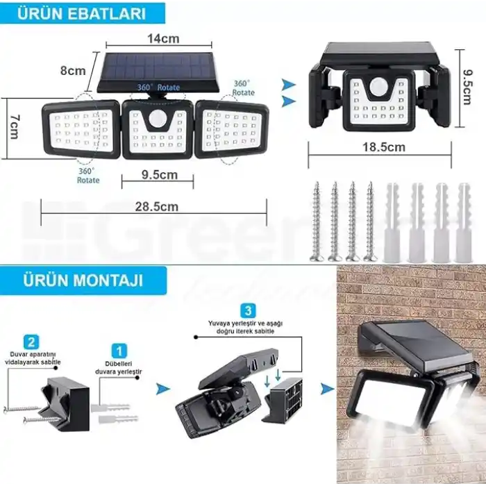 GreenTech Solar Duvar Lambası Hareket Sensörlü 74 SMD LED, Siyah, GT-SL07