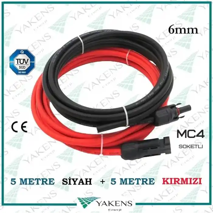 Mc4 Soketli (5m+5m) 10 Metre 6mm Güneş Paneli Hazır Solar Kablo Siyah Kırmızı
