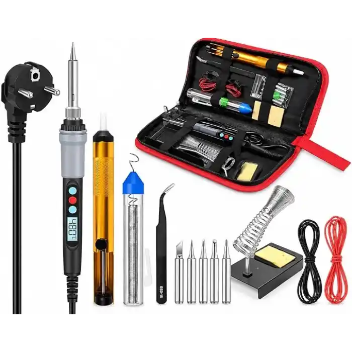 Wellhise S90 90W Çantalı, Ayarlanabilir Sıcaklıklı Havya Lehim Seti, 5 Havya Ucu, Lehim Pompası, Lehim Teli, Stand ve Cımbız