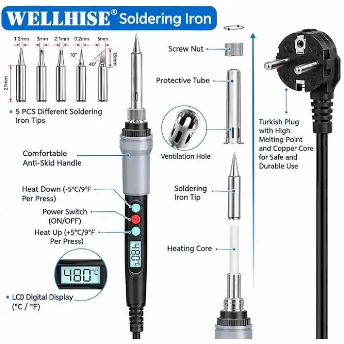Wellhise S90 90W Çantalı, Ayarlanabilir Sıcaklıklı Havya Lehim Seti, 5 Havya Ucu, Lehim Pompası, Lehim Teli, Stand ve Cımbız