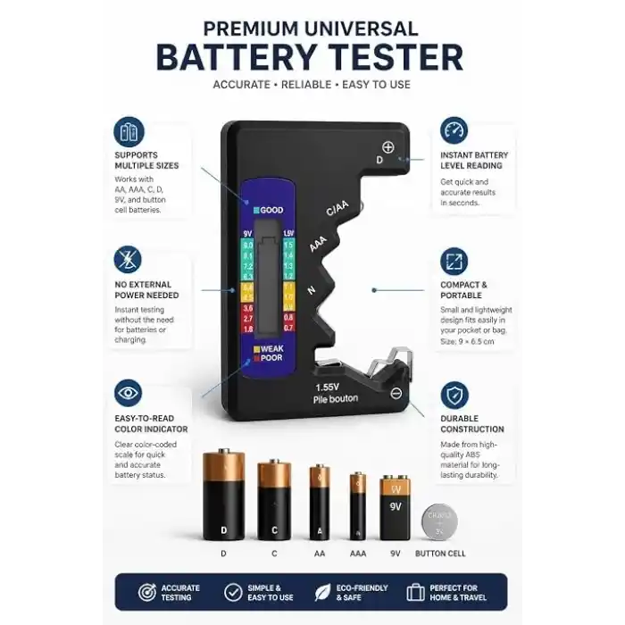 Busstier Universal Pil Test Cihazı, Dijital Pil Ölçer ve Pil Kontrol Cihazı, Alkalin ve Düğme Piller İçin