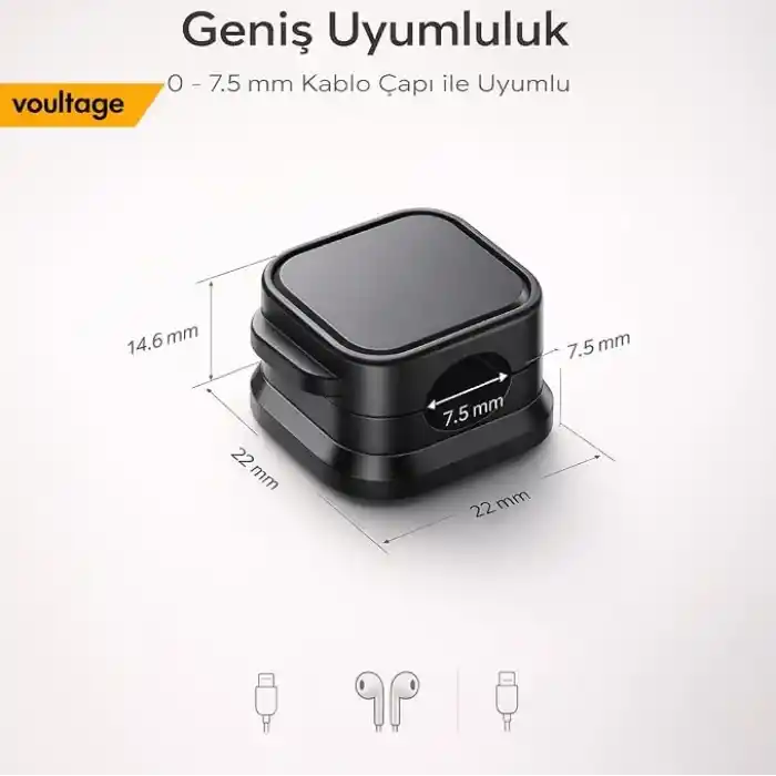 Manyetik Kablo Düzenleyici 6’lı Set, Masa Kablo Tutucu Klips, Şarj Kablosu Organizer Siyah (Siyah)