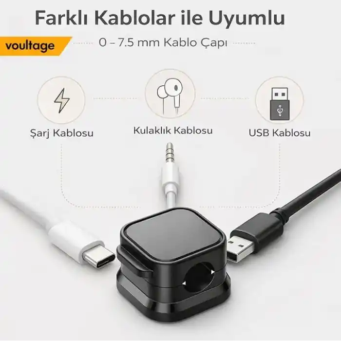 Manyetik Kablo Düzenleyici 6’lı Set, Masa Kablo Tutucu Klips, Şarj Kablosu Organizer Siyah (Siyah)