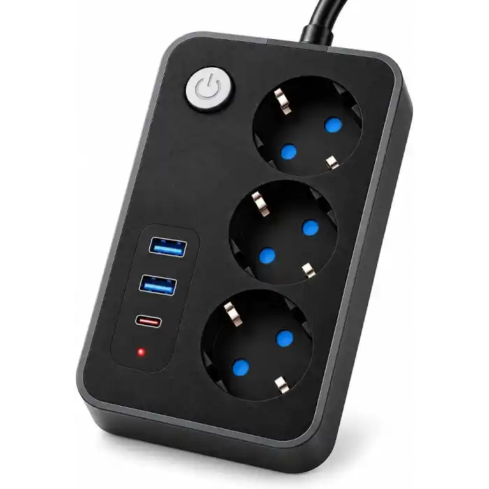 Robeve Blic 3’lü Termal Akım Korumalı Uzatma Prizi – 2 Metre Kablolu, 2 USB + 1 Type-C Hızlı Şarj, Çocuk Korumalı, Aç/Kapa Anahtarlı Çoklu Priz Grup Priz Grup Uzatma Prizi 3lü Priz