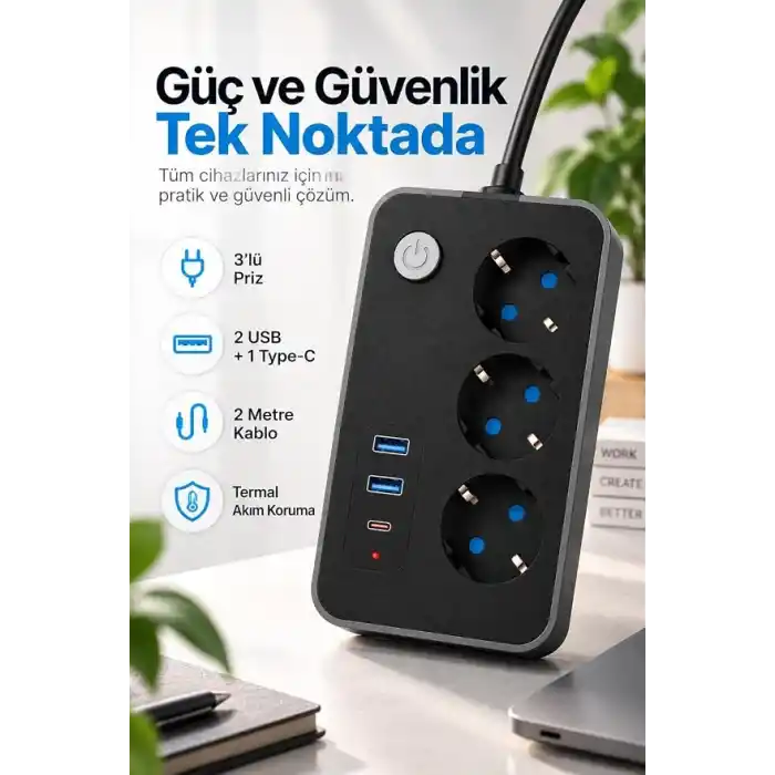 Robeve Blic 3’lü Termal Akım Korumalı Uzatma Prizi – 2 Metre Kablolu, 2 USB + 1 Type-C Hızlı Şarj, Çocuk Korumalı, Aç/Kapa Anahtarlı Çoklu Priz Grup Priz Grup Uzatma Prizi 3lü Priz