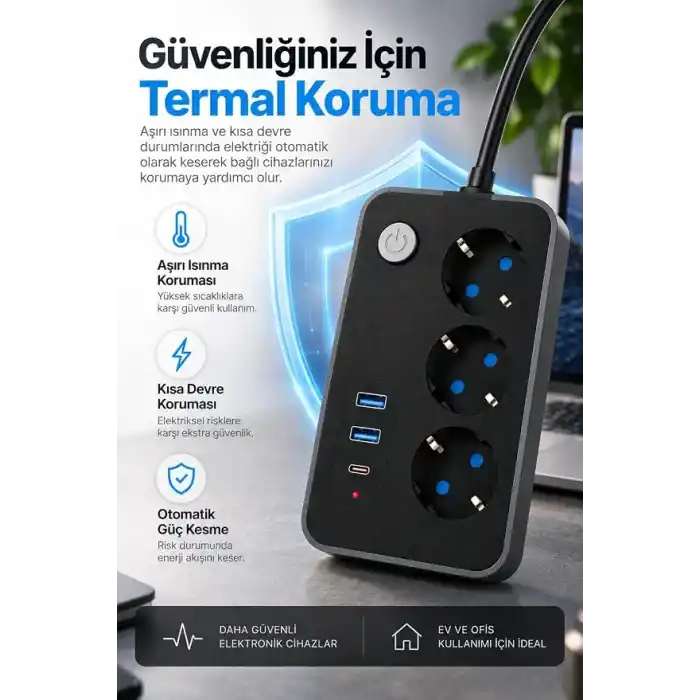 Robeve Blic 3’lü Termal Akım Korumalı Uzatma Prizi – 2 Metre Kablolu, 2 USB + 1 Type-C Hızlı Şarj, Çocuk Korumalı, Aç/Kapa Anahtarlı Çoklu Priz Grup Priz Grup Uzatma Prizi 3lü Priz