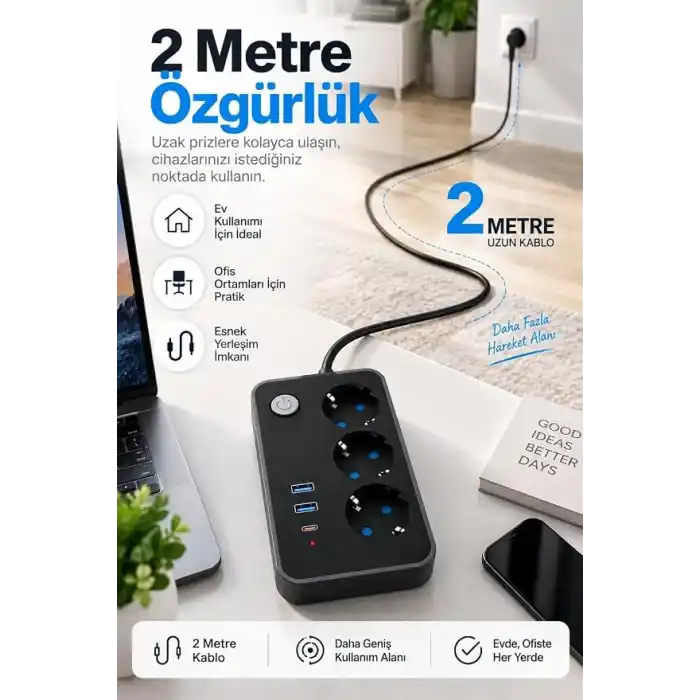 Robeve Blic 3’lü Termal Akım Korumalı Uzatma Prizi – 2 Metre Kablolu, 2 USB + 1 Type-C Hızlı Şarj, Çocuk Korumalı, Aç/Kapa Anahtarlı Çoklu Priz Grup Priz Grup Uzatma Prizi 3lü Priz
