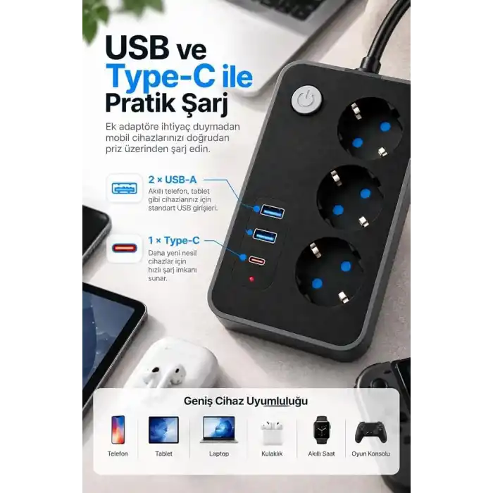 Robeve Blic 3’lü Termal Akım Korumalı Uzatma Prizi – 2 Metre Kablolu, 2 USB + 1 Type-C Hızlı Şarj, Çocuk Korumalı, Aç/Kapa Anahtarlı Çoklu Priz Grup Priz Grup Uzatma Prizi 3lü Priz