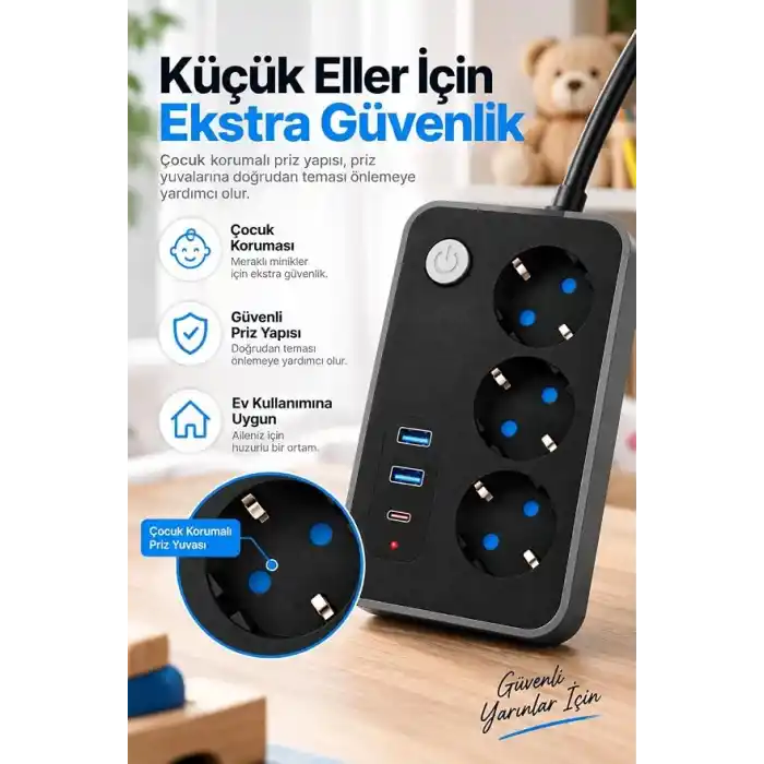Robeve Blic 3’lü Termal Akım Korumalı Uzatma Prizi – 2 Metre Kablolu, 2 USB + 1 Type-C Hızlı Şarj, Çocuk Korumalı, Aç/Kapa Anahtarlı Çoklu Priz Grup Priz Grup Uzatma Prizi 3lü Priz