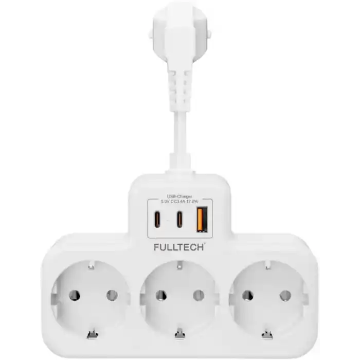 Akım Korumalı Priz, Duvar Priz Çoğaltıcı, 3x Priz Soketi, 2x Type-C Girişi, 1x Usb Girişi, Çocuk Korumalı ve Isıya Dayanıklı Yapı, Aşırı Gerilim Koruyucu, 16A/3680W (Kablosuz) (Beyaz)