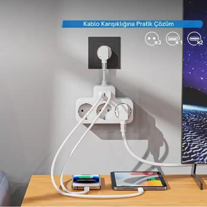 Akım Korumalı Priz, Duvar Priz Çoğaltıcı, 3x Priz Soketi, 2x Type-C Girişi, 1x Usb Girişi, Çocuk Korumalı ve Isıya Dayanıklı Yapı, Aşırı Gerilim Koruyucu, 16A/3680W (Kablosuz) (Beyaz)
