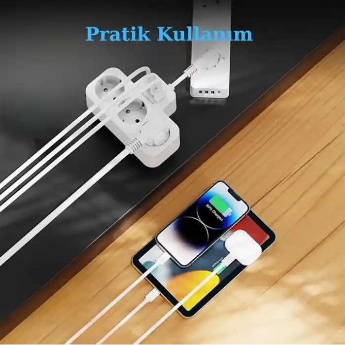 Akım Korumalı Priz, Duvar Priz Çoğaltıcı, 3x Priz Soketi, 2x Type-C Girişi, 1x Usb Girişi, Çocuk Korumalı ve Isıya Dayanıklı Yapı, Aşırı Gerilim Koruyucu, 16A/3680W (Kablosuz) (Beyaz)