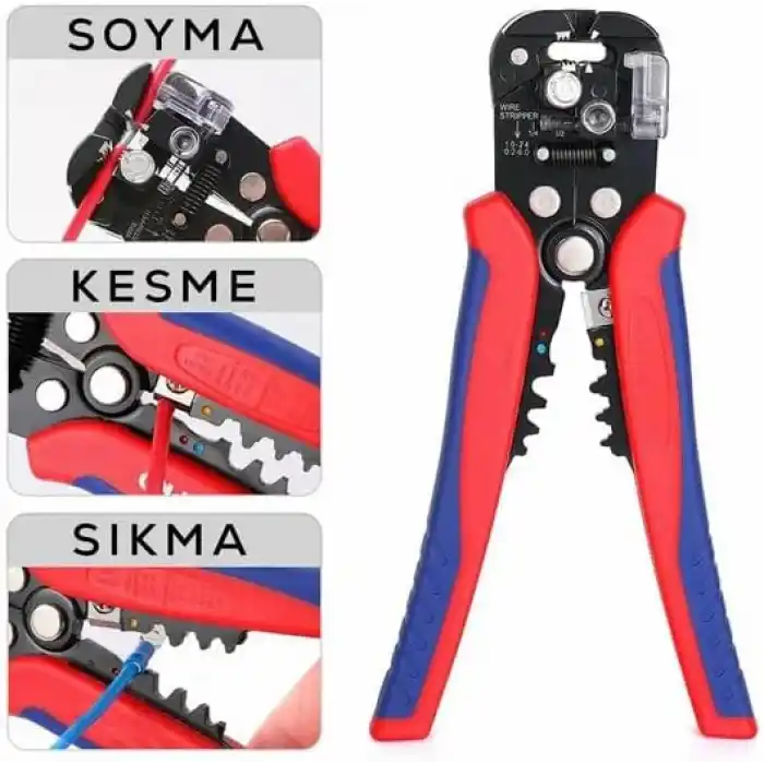 AEE® 5’i 1 Arada Otomatik Kablo Soyucu, Kesici, Kıvırıcı ve Pabuç Sıkma Pensesi | Automatic Wire Stripper & Crimper – 0.2-6 mm² Ayarlanabilir Soyma Uzunluğu, Ergonomik Tutma Kolu Asorti