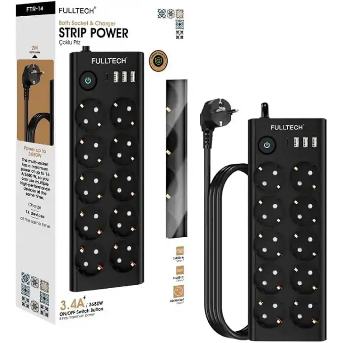 Termal Akım Korumalı, 10lu Priz Soketi, Isıya Dayanıklı Yapı, 10x Priz, 3x Usb, 1x Type-C Girişi, Çocuk Korumalı Çoğaltıcı, 2 Metre Uzatma Kablosu (16A/3680W)