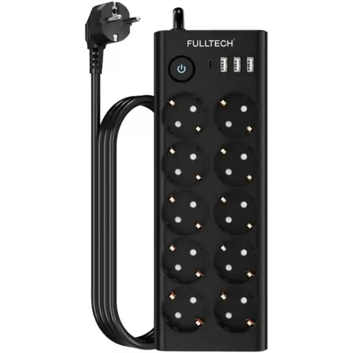Termal Akım Korumalı, 10lu Priz Soketi, Isıya Dayanıklı Yapı, 10x Priz, 3x Usb, 1x Type-C Girişi, Çocuk Korumalı Çoğaltıcı, 2 Metre Uzatma Kablosu (16A/3680W)