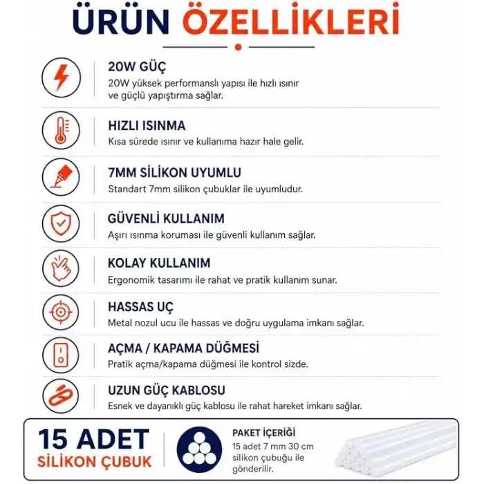 20W Sıcak Silikon Tabancası, Hızlı Isınan, Hobi ve Tamirat için, El Sanatları, DIY Projeleri, 15 Adet Silikon Çubuk Dahil