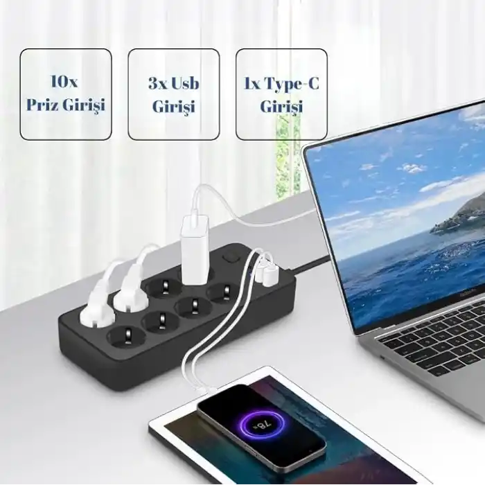 Termal Akım Korumalı, 10lu Priz Soketi, Isıya Dayanıklı Yapı, 10x Priz, 3x Usb, 1x Type-C Girişi, Çocuk Korumalı Çoğaltıcı, 2 Metre Uzatma Kablosu (16A/3680W)