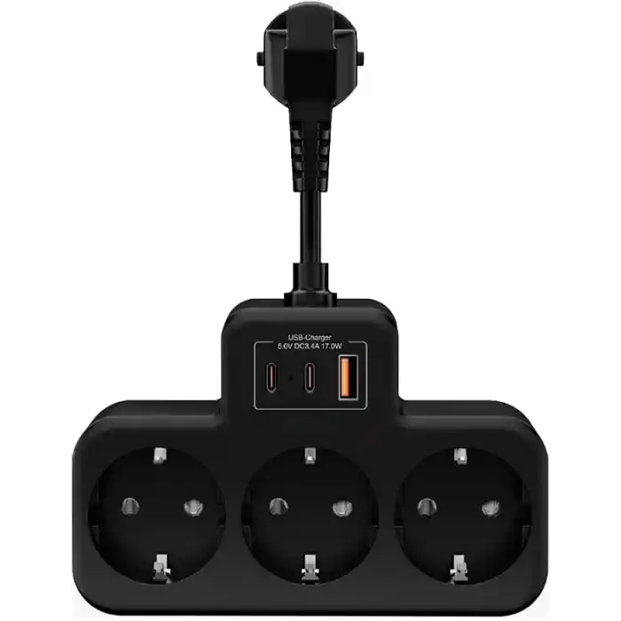 Yüksek Voltaj Korumalı Priz, Duvar Tipi Kısa Kablolu Priz Çoğaltıcı, 3x Soket, 2x Type-C, 1x Usb, 16A, 3680W, 1050 Joule, Çocuk Korumalı, Isıya Dayanıklı Yapı (Siyah)