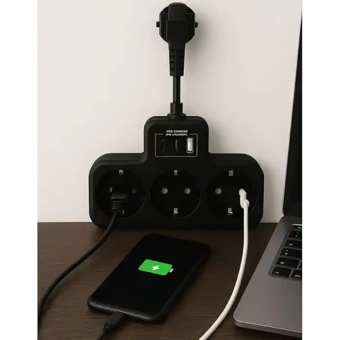 Yüksek Voltaj Korumalı Priz, Duvar Tipi Kısa Kablolu Priz Çoğaltıcı, 3x Soket, 2x Type-C, 1x Usb, 16A, 3680W, 1050 Joule, Çocuk Korumalı, Isıya Dayanıklı Yapı (Siyah)