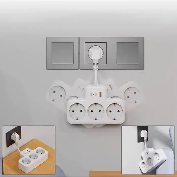 Yüksek Voltaj Korumalı Priz, Duvar Tipi Kısa Kablolu Priz Çoğaltıcı, 3x Soket, 2x Type-C, 1x Usb, 16A, 3680W, 1050 Joule, Çocuk Korumalı, Isıya Dayanıklı Yapı (Siyah)
