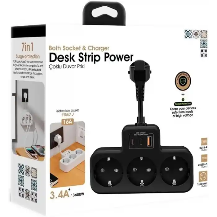 Yüksek Voltaj Korumalı Priz, Duvar Tipi Kısa Kablolu Priz Çoğaltıcı, 3x Soket, 2x Type-C, 1x Usb, 16A, 3680W, 1050 Joule, Çocuk Korumalı, Isıya Dayanıklı Yapı (Siyah)