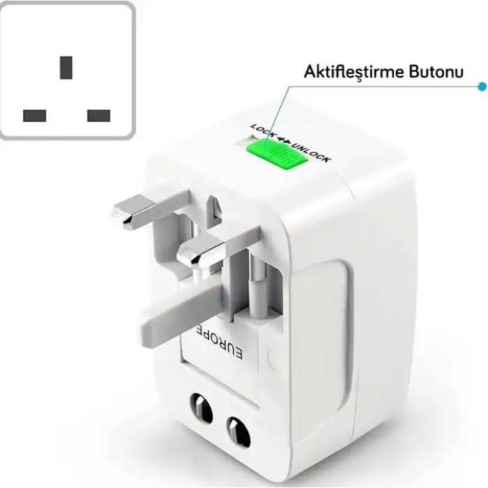 Coverzone Akım Korumalı Universal Fiş Çoklu Priz CV640 Priz Çevirici Dönüştürücü Kompakt Tasarım Amerikan Fişi, İngiliz, Türkiye 125V - 250V 13A (Beyaz)