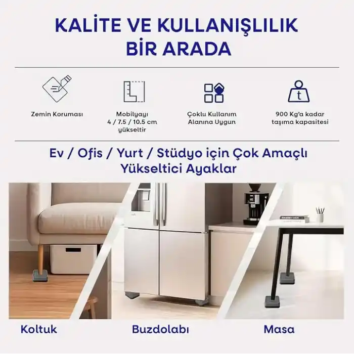 TİNEKE Robot Süpürge Mobilya Ayağı Ve Dolap Yükseltici Ayak Kaydırmaz Ve Yükseltici 4 Lü GRİ KARE (4 CM)
