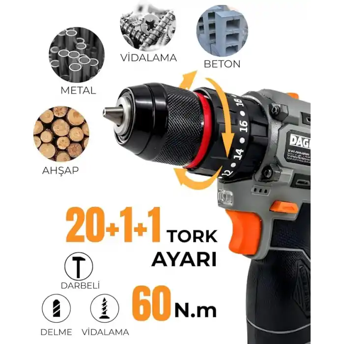 Dager BOLT 16.8V Kömürsüz Darbeli Şarjlı Matkap Vidalama Seti | 60Nm | Çift Akü + 85 Parça Aksesuar + Hızlı Şarj | Gri