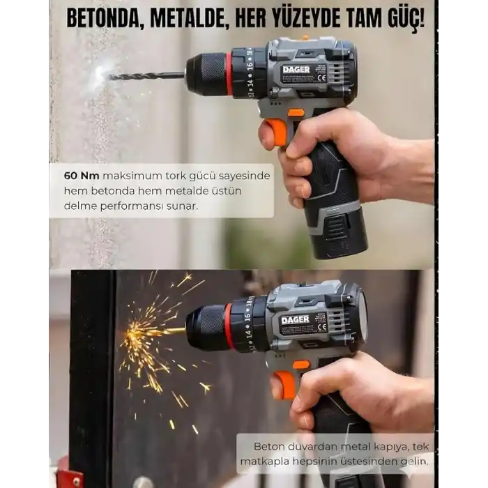 Dager BOLT 16.8V Kömürsüz Darbeli Şarjlı Matkap Vidalama Seti | 60Nm | Çift Akü + 85 Parça Aksesuar + Hızlı Şarj | Gri