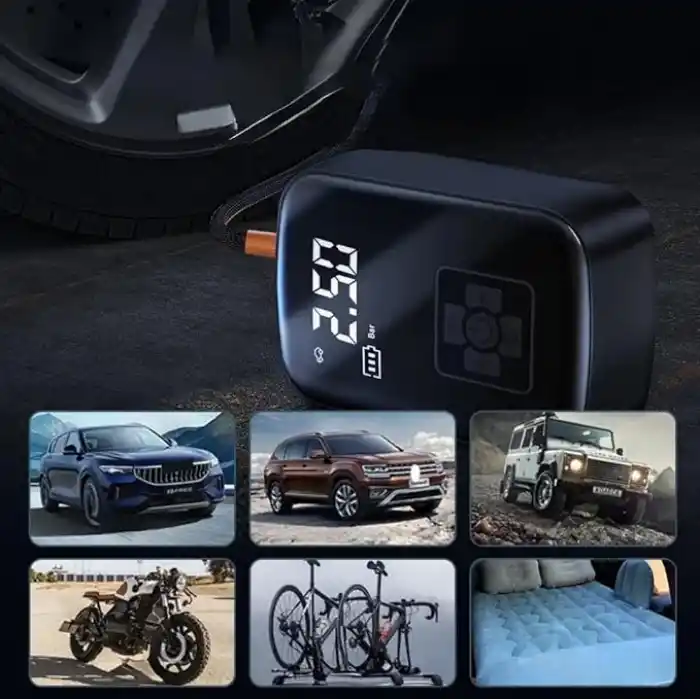 Hava Kompresörü, 150 PSI Dijital Göstergeli Oto Kompresör, Araba, Motosiklet, Bisiklet ve Top İçin, Taşınabilir Şarjlı Kullanım, Fener Işığı, 4000 Mah Batarya, 3 Farklı Başlık (PSI,KPA,BAR,KG/CM²)