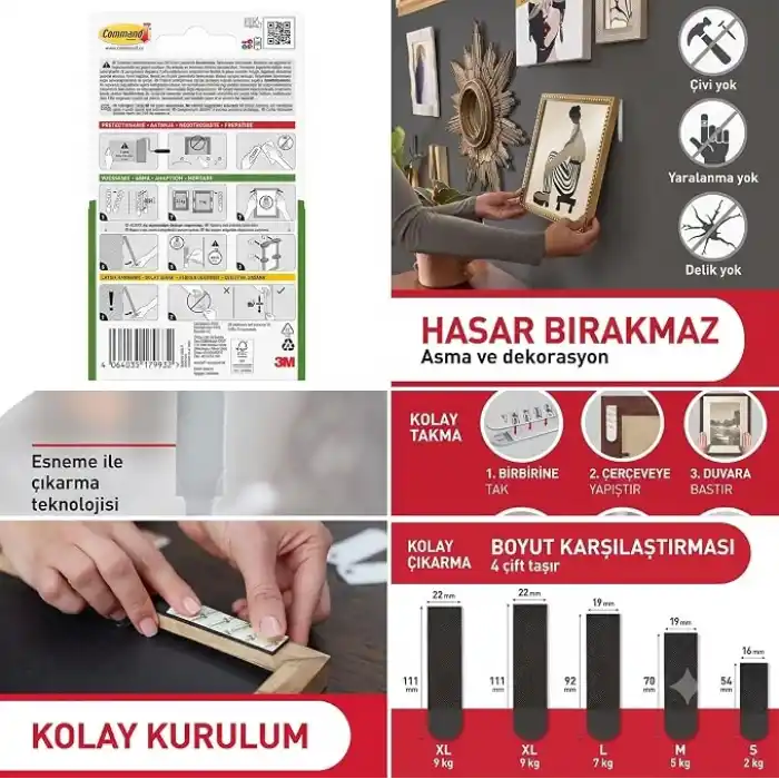 Command ™ 17202-4PK Küçük Boy Çerçeve ve Tablo Asma Bandı - Matkapsız, Hasarsız, İz Bırakmayan Güçlü Duvar Askısı - 4lü Paket, Beyaz