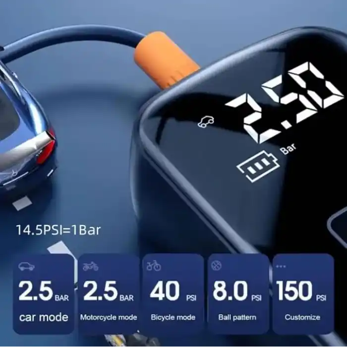 Hava Kompresörü, 150 PSI Dijital Göstergeli Oto Kompresör, Araba, Motosiklet, Bisiklet ve Top İçin, Taşınabilir Şarjlı Kullanım, Fener Işığı, 4000 Mah Batarya, 3 Farklı Başlık (PSI,KPA,BAR,KG/CM²)