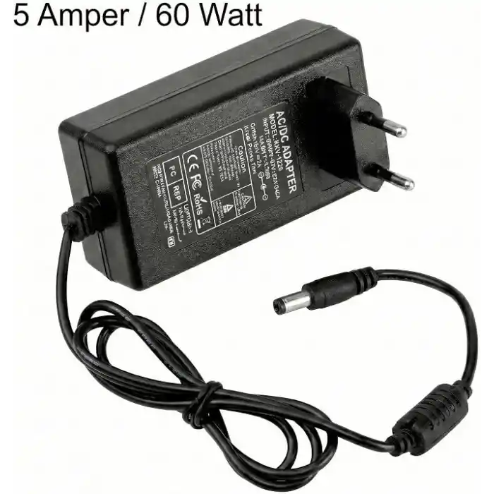 12V Fişli Adaptör 5 Amper 60 Watt - Şerit LED, Modem ve Kamera Uyumlu Güç Kaynağı Trafosu - Cata