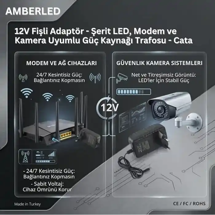 12V Fişli Adaptör 5 Amper 60 Watt - Şerit LED, Modem ve Kamera Uyumlu Güç Kaynağı Trafosu - Cata