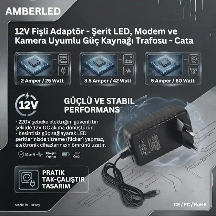 12V Fişli Adaptör 5 Amper 60 Watt - Şerit LED, Modem ve Kamera Uyumlu Güç Kaynağı Trafosu - Cata