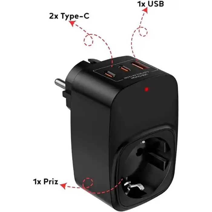 Akım Korumalı Priz, Tekli Priz, USB’li Priz ve Type-C Priz, Priz Çoklayıcı, Voltaj Korumalı Priz, 16A 3680W Duvar Tipi (SİYAH)