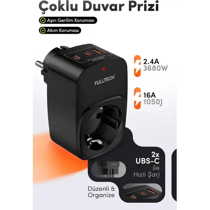 Akım Korumalı Priz, Tekli Priz, USB’li Priz ve Type-C Priz, Priz Çoklayıcı, Voltaj Korumalı Priz, 16A 3680W Duvar Tipi (SİYAH)