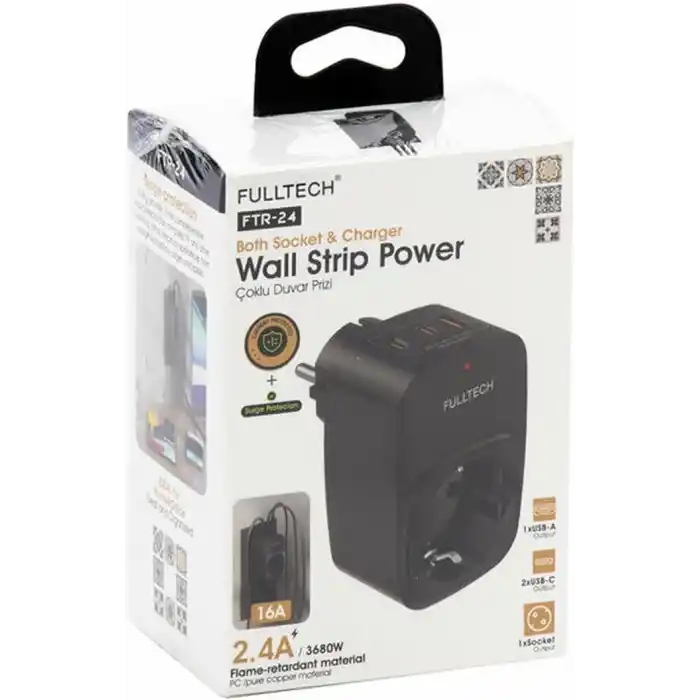 Akım Korumalı Priz, Tekli Priz, USB’li Priz ve Type-C Priz, Priz Çoklayıcı, Voltaj Korumalı Priz, 16A 3680W Duvar Tipi (SİYAH)