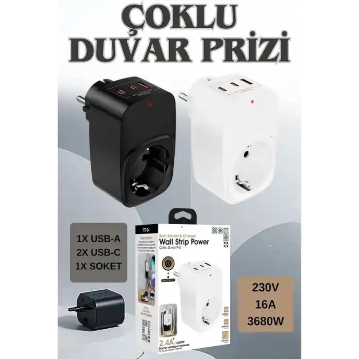 Akım Korumalı Priz, Tekli Priz, USB’li Priz ve Type-C Priz, Priz Çoklayıcı, Voltaj Korumalı Priz, 16A 3680W Duvar Tipi (SİYAH)