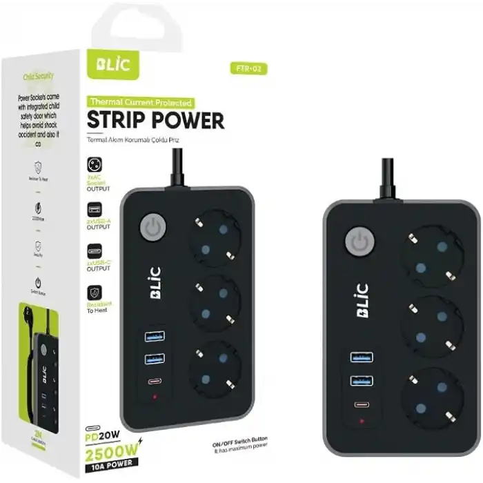 Akım Korumalı Priz, 3x Priz Soketi, 2x Usb Girişi, 1x Type-C Girişi, Tasarruflu Uzatma Kablosu, Çocuk Korumalı Adaptör (2 Metre)